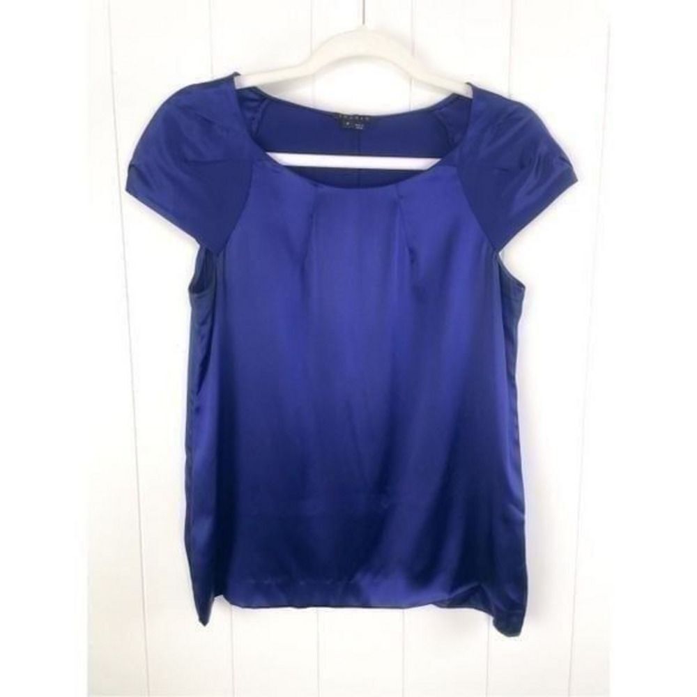 Theory Women's Silk Lowther Pleat Neck Blouse Top‎ Blue S